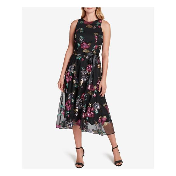TAHARI ARTHUR S. LEVINE Womens Black Tie Sleeveless Midi Party A-Line Dress 2 - Picture 1 of 2
